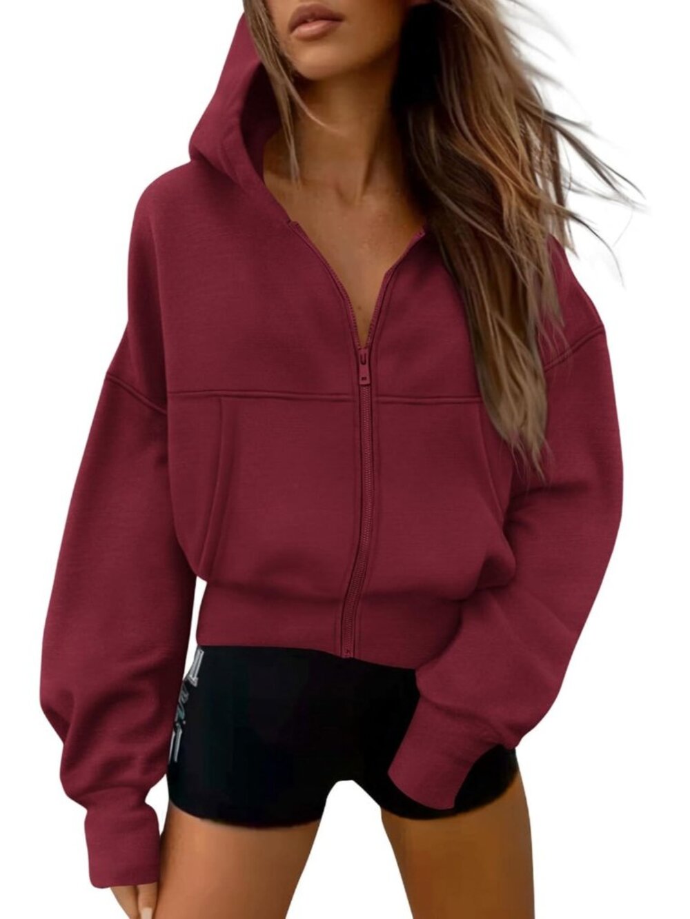 Women's Burgundy Long Sleeve Zip Up Hoodie Casual Fall Fleece Sweatshirt Jacket